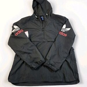 Adidas Originals Jacket Mens Large Black Hooded Anorak Windbreaker Trefoil